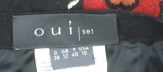 Oui Set Women's Black Red Embroidered Cotton A-Line Skirt Size 12