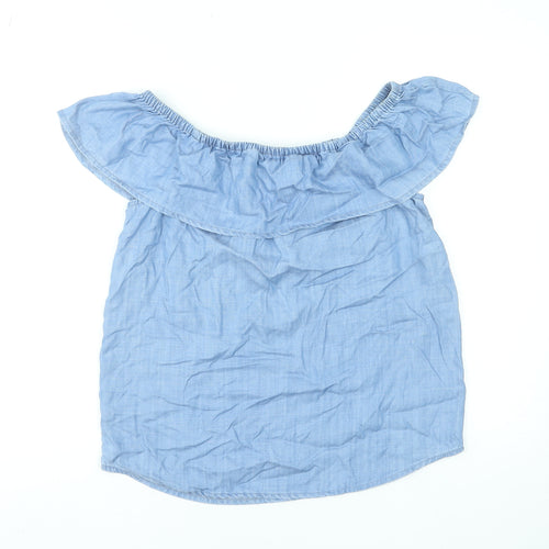 M&Co Women Blue Off Shoulder Ruffle Chambray Blouse Size 10