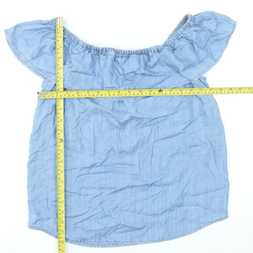 M&Co Women Blue Off Shoulder Ruffle Chambray Blouse Size 10