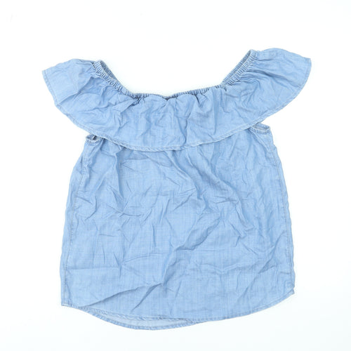 M&Co Women Blue Off Shoulder Ruffle Chambray Blouse Size 10