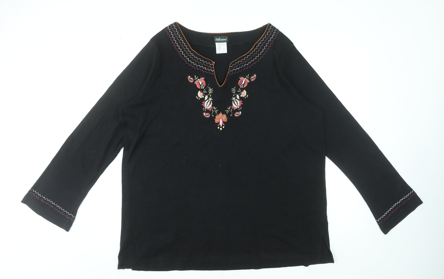 Taillissime Women's Black Floral Embroidered Cotton Tunic Blouse UK 22/24
