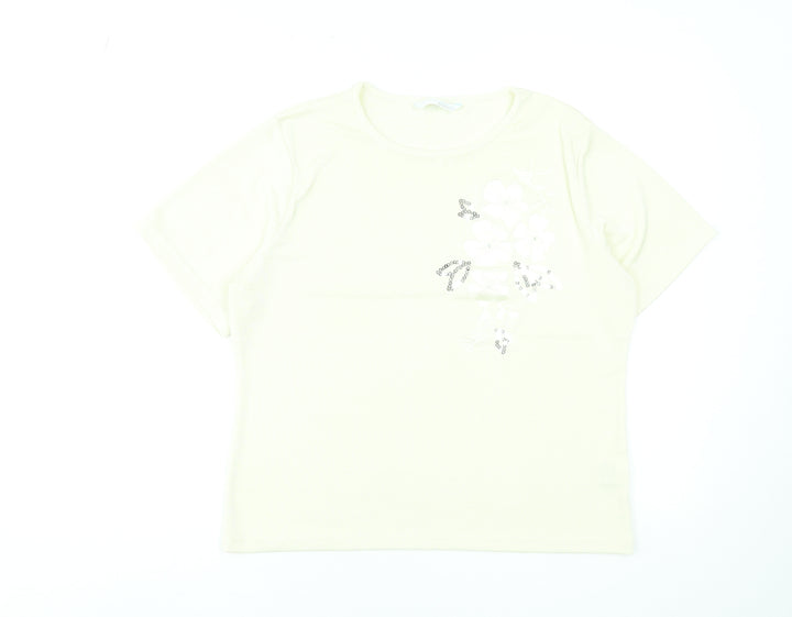 Amaranto Womens Ivory Floral Sequin Short Sleeve T-Shirt Size 18