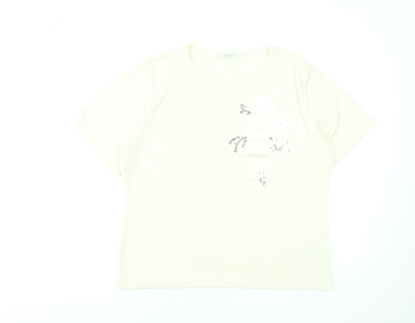 Amaranto Womens Ivory Floral Sequin Short Sleeve T-Shirt Size 18