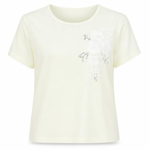 Amaranto Womens Ivory Floral Sequin Short Sleeve T-Shirt Size 18