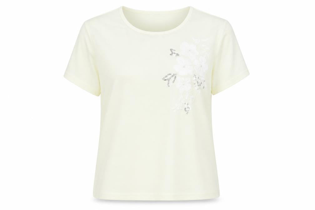 Amaranto Womens Ivory Floral Sequin Short Sleeve T-Shirt Size 18