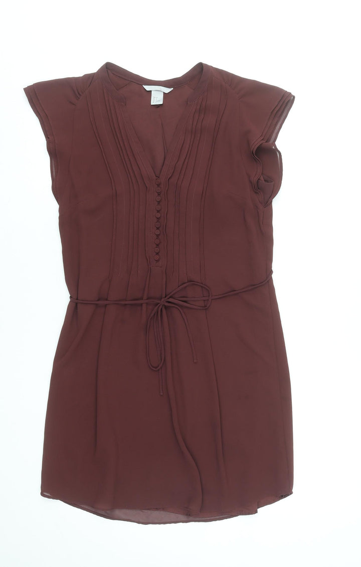 H&M Women's Brown Short Sleeve V-Neck Shift Dress Size 8
