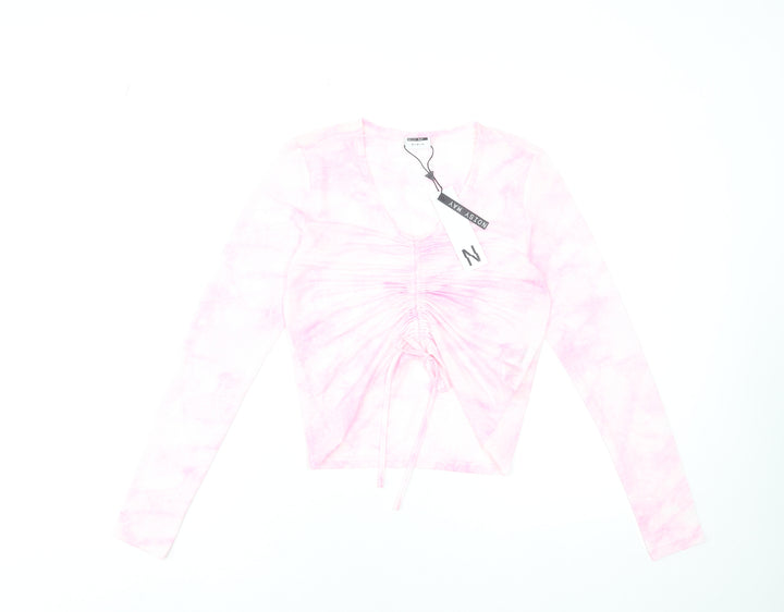Noisy May Womens Pink Cropped Long Sleeve V-Neck Stretch Top S