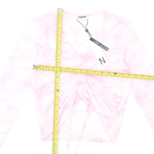 Noisy May Womens Pink Cropped Long Sleeve V-Neck Stretch Top S