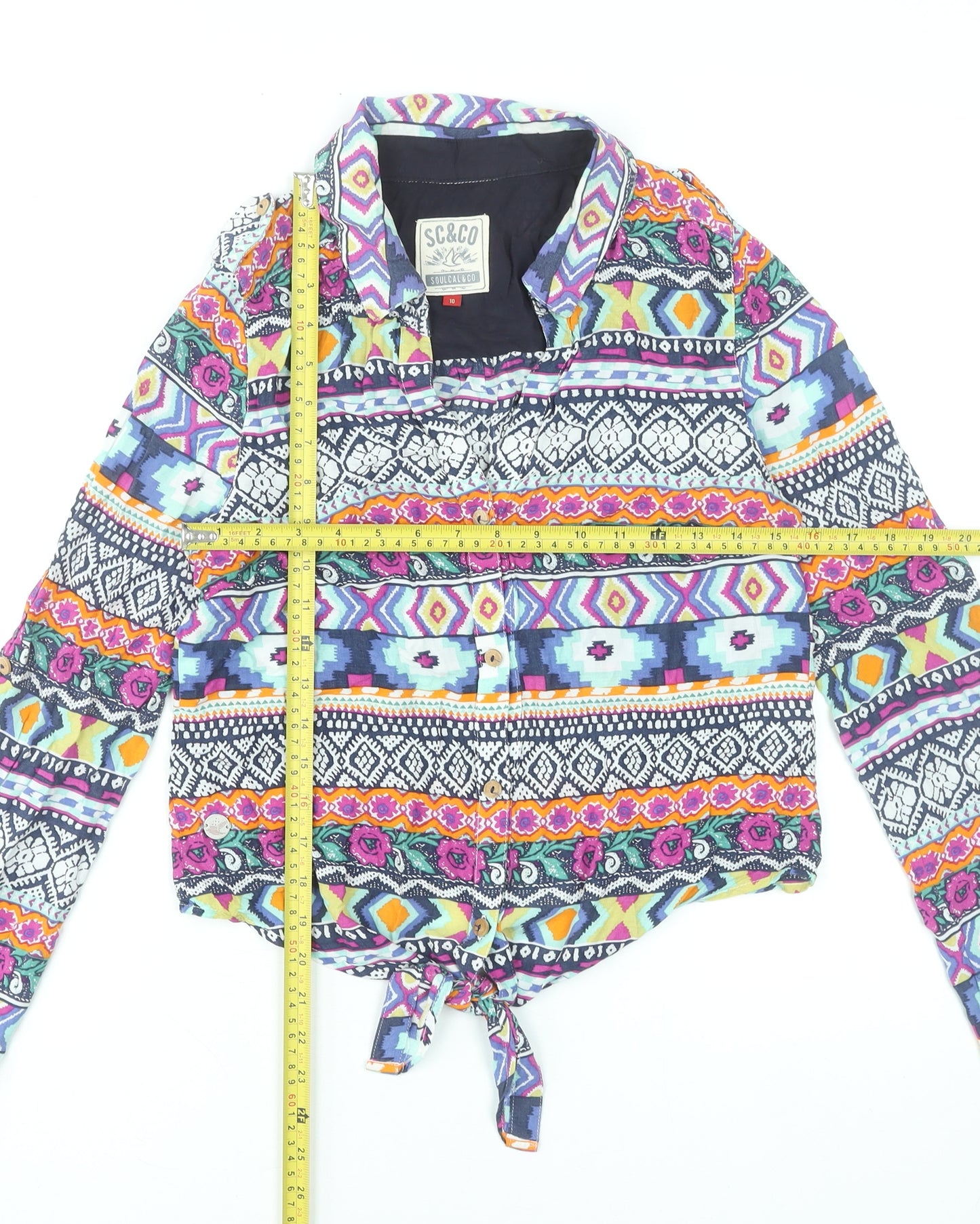 SoulCal & Co Womens Multicoloured Aztec Cropped Button-Up Shirt Size 10