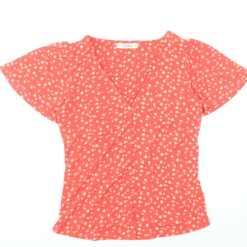 Oasis Women Red Floral Button-Up Blouse XS V-Neck Short Sleeve