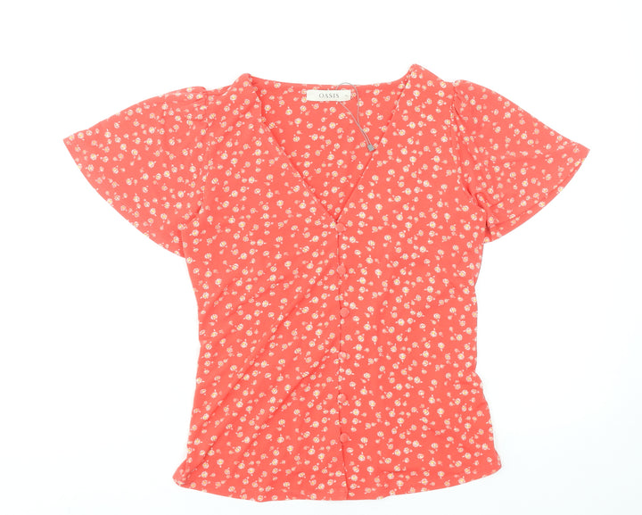 Oasis Women Red Floral Button-Up Blouse XS V-Neck Short Sleeve