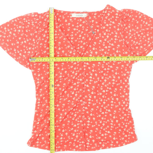 Oasis Women Red Floral Button-Up Blouse XS V-Neck Short Sleeve