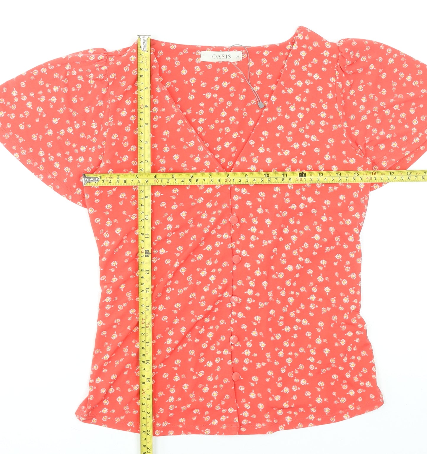 Oasis Women Red Floral Button-Up Blouse XS V-Neck Short Sleeve
