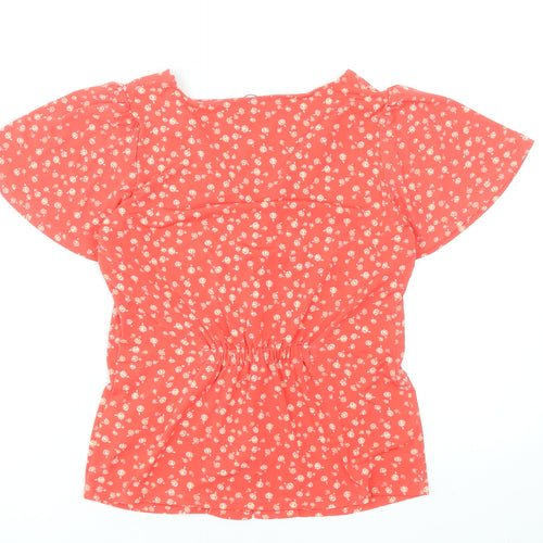 Oasis Women Red Floral Button-Up Blouse XS V-Neck Short Sleeve