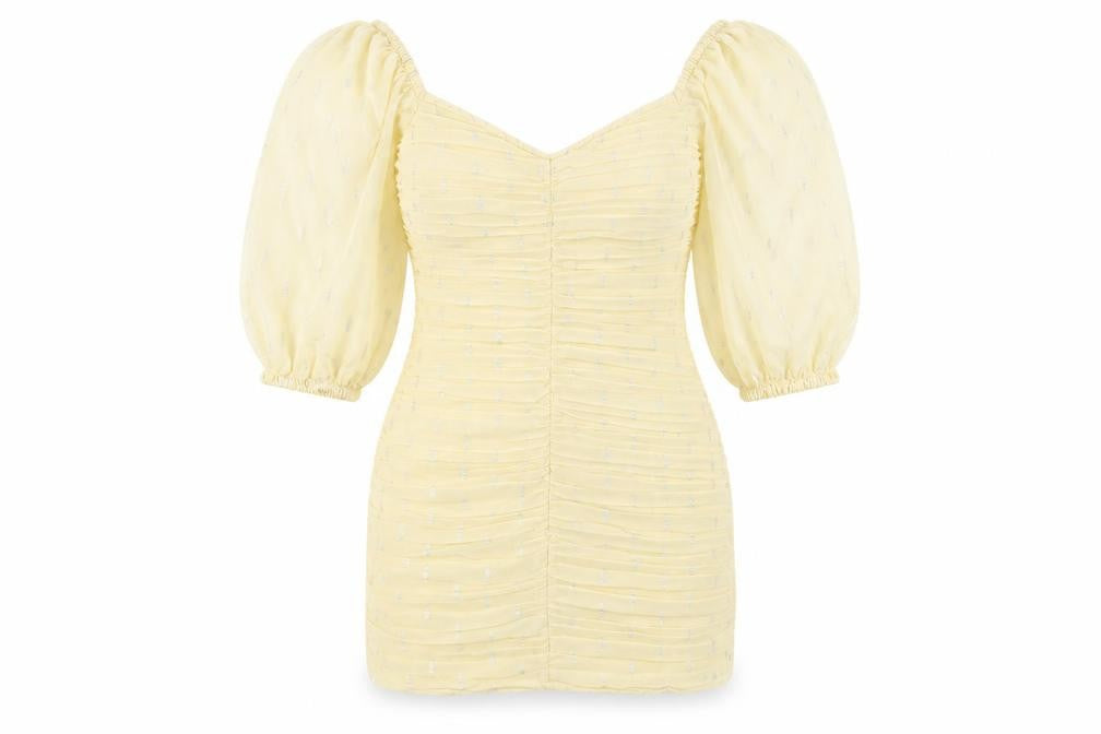 Front view of H&M Women's Beige Ruched Bodycon Short Dress, size 8