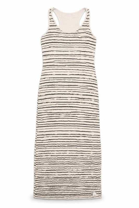 Front view of A Postcard from Brighton women’s beige striped long tank dress, size UK 2