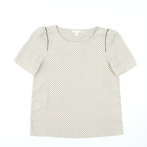 H&M Women Beige Geometric Short Sleeve Blouse Size 10