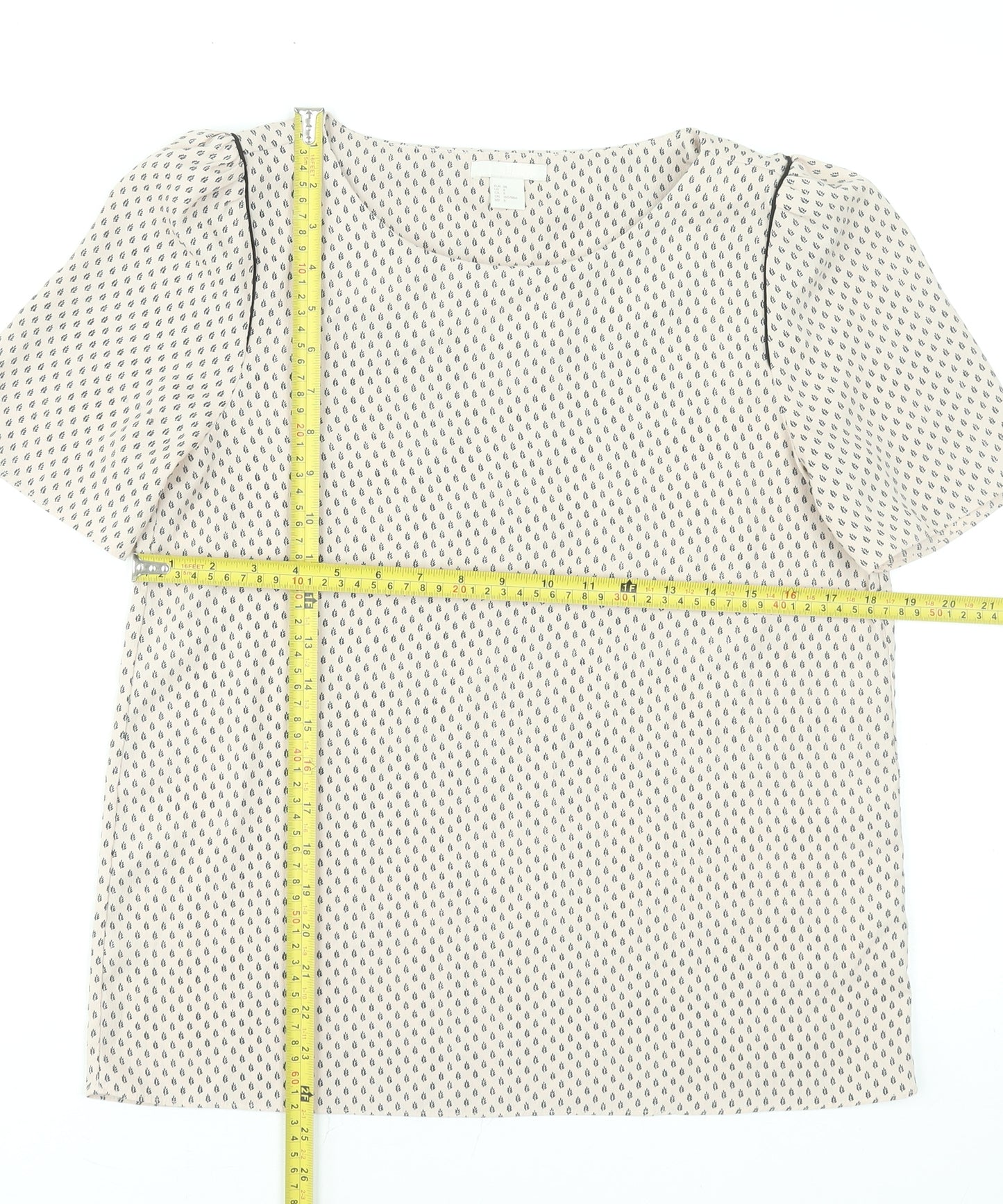 H&M Women Beige Geometric Short Sleeve Blouse Size 10