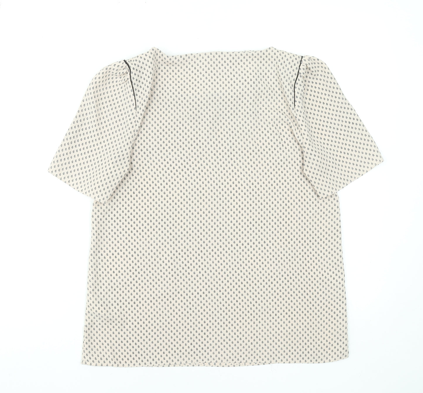 H&M Women Beige Geometric Short Sleeve Blouse Size 10