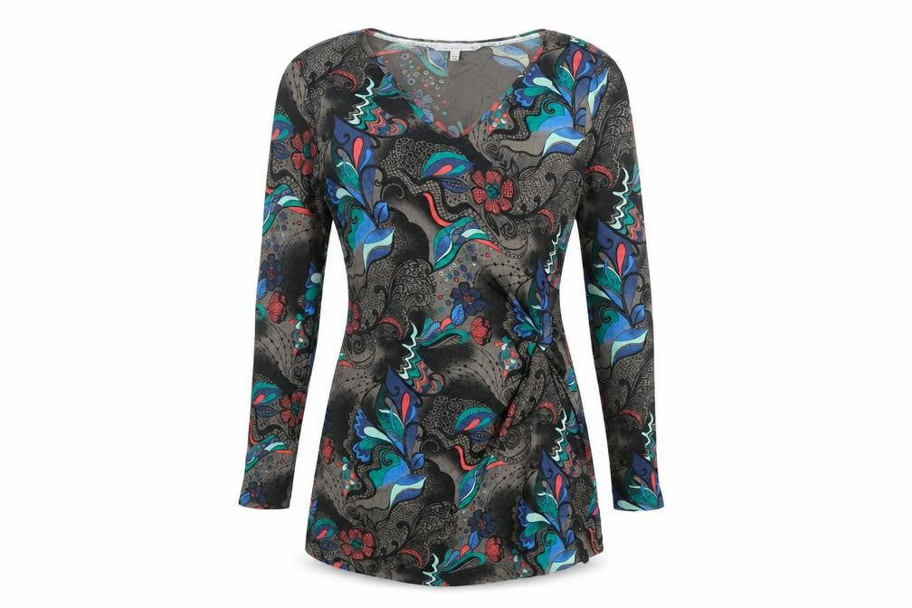 Front view of FatFace women’s multicoloured, size UK 14, wrap dress long sleeve v-neck
