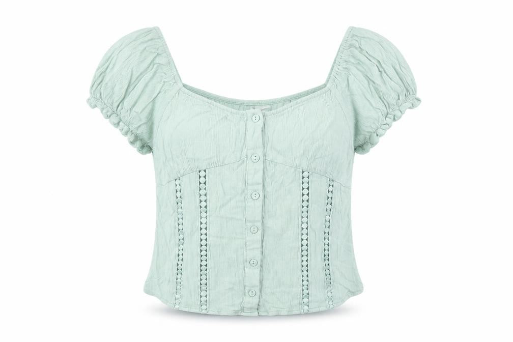 Front view of H&M Divided Women's Green Cropped Button Blouse, size 8