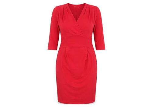 Front view of Minuet Women Red, size 8, Sheath Knee Length V-Neck Dress