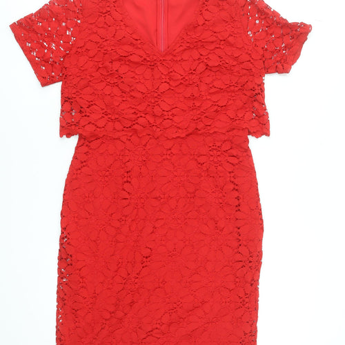 JD Williams Women's Red Lace Sheath Dress Size 12 Party V-Neck