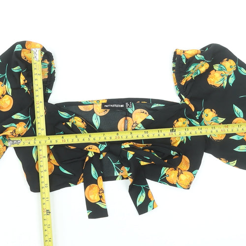 PrettyLittleThing Women's Black Orange Print Puff Sleeve Cropped Blouse Size 4