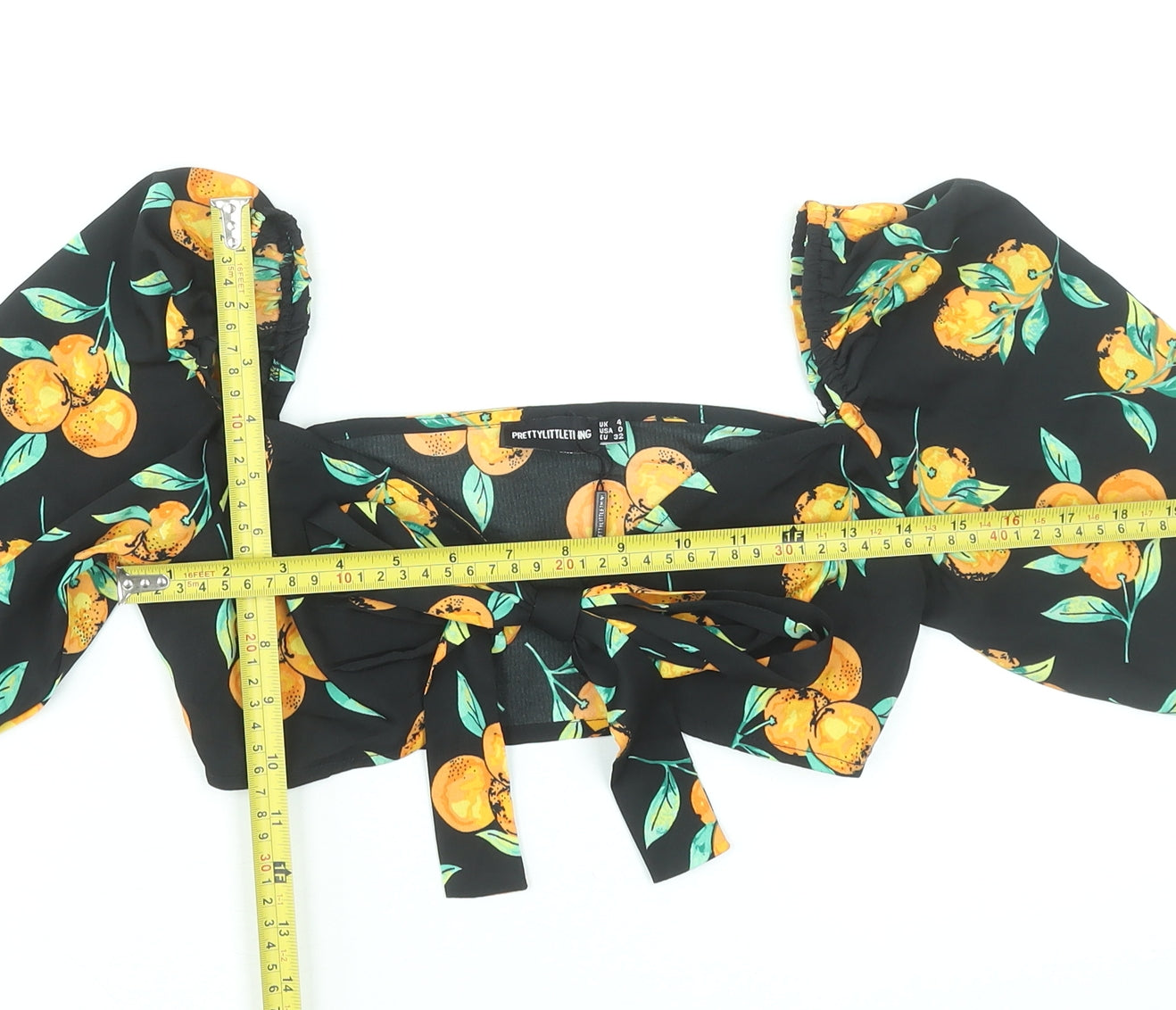 PrettyLittleThing Women's Black Orange Print Puff Sleeve Cropped Blouse Size 4