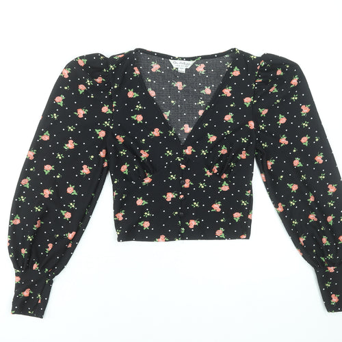 Miss Selfridge Women Black Floral V-Neck Cropped Blouse UK 4
