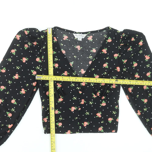Miss Selfridge Women Black Floral V-Neck Cropped Blouse UK 4