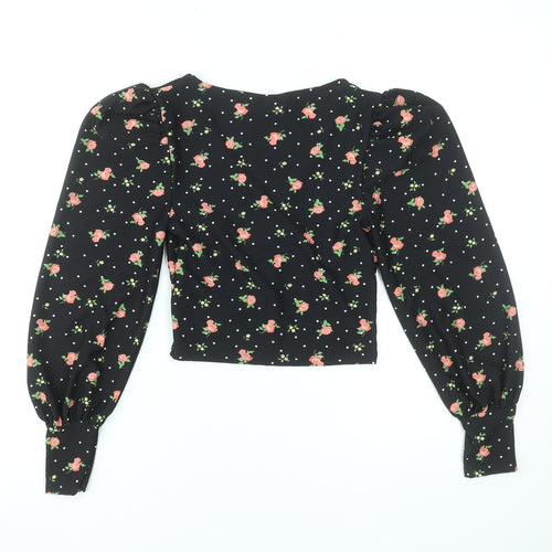 Miss Selfridge Women Black Floral V-Neck Cropped Blouse UK 4
