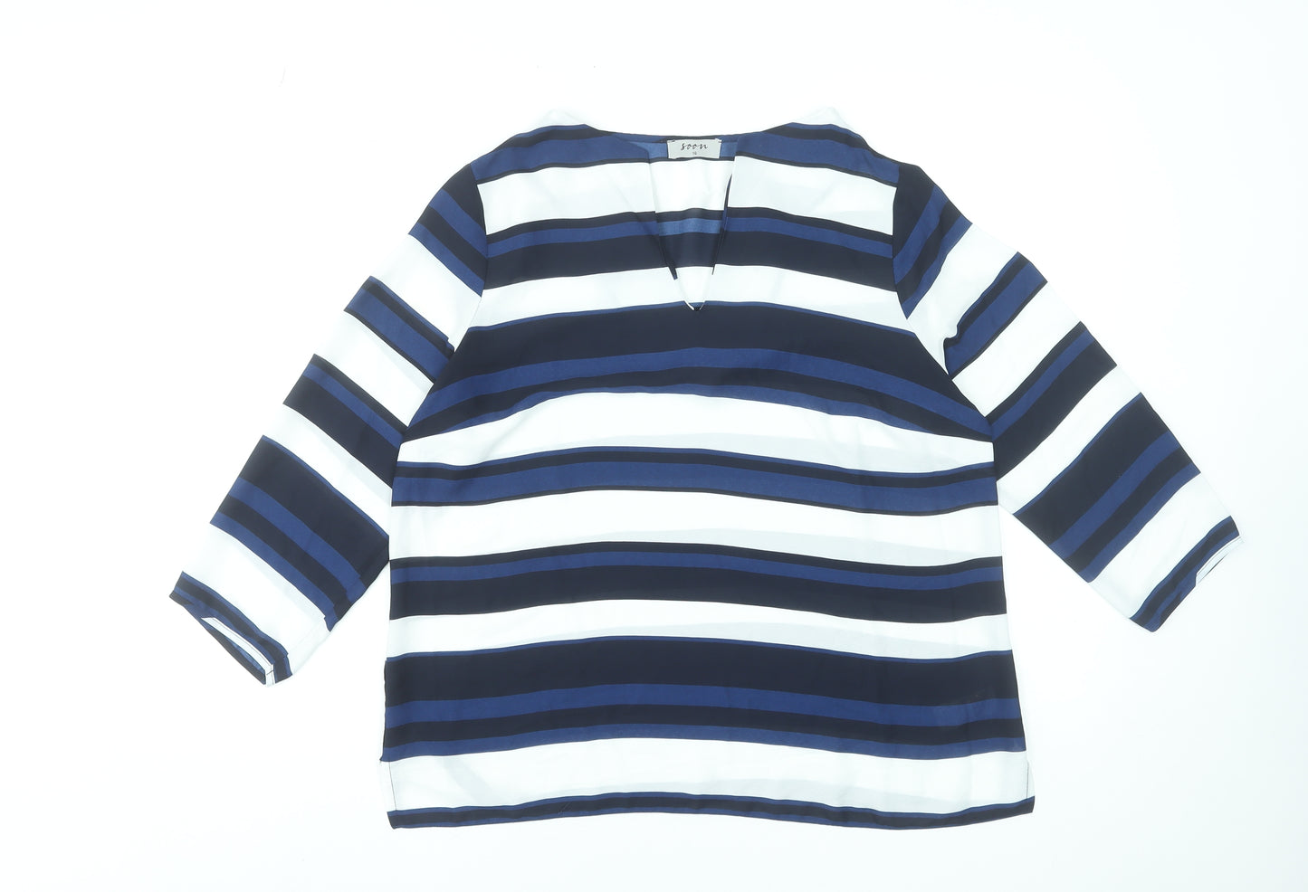Soon Women's Navy Stripe 3/4 Sleeve V-Neck Blouse Size 16