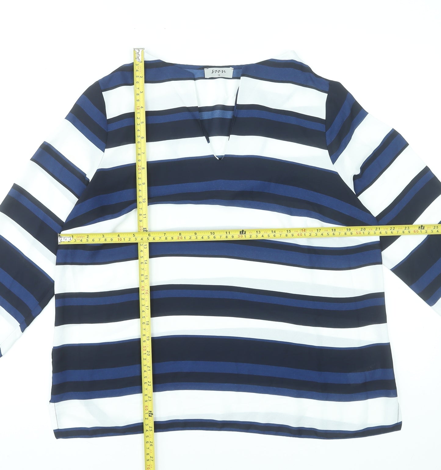Soon Women's Navy Stripe 3/4 Sleeve V-Neck Blouse Size 16