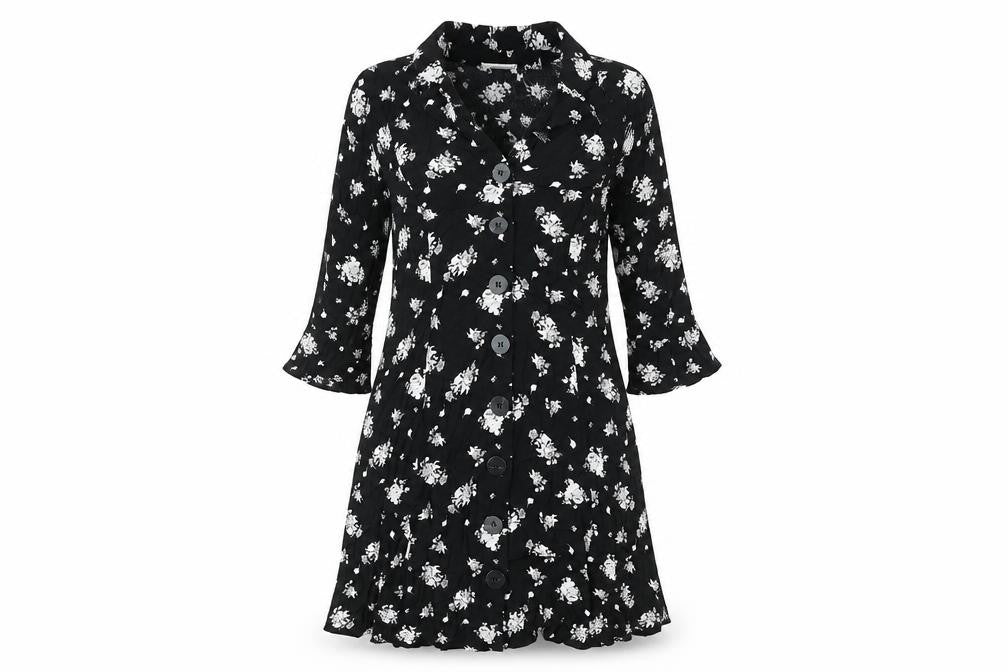 Front view of Mango Women Black Floral Button Front Shirt Dress, size 14