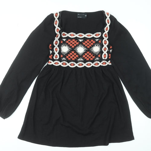ASOS Design Women Black Size 8 Bohemian Embroidered Long Sleeve Short Dress