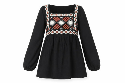Front view of ASOS Design Women Black, size 8, Bohemian Embroidered Long Sleeve Short Dress