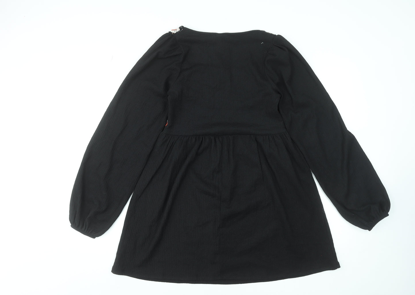 ASOS Design Women Black Size 8 Bohemian Embroidered Long Sleeve Short Dress