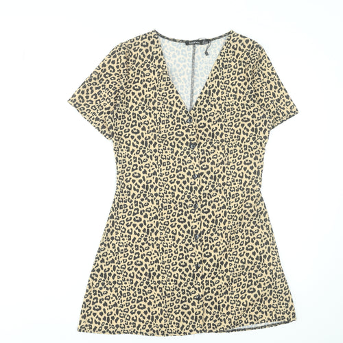 Boohoo Women Beige Animal Print Button Front Mini Dress UK 6