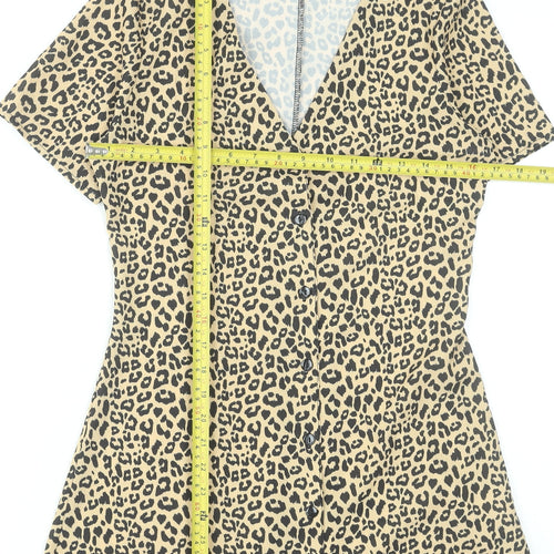 Boohoo Women Beige Animal Print Button Front Mini Dress UK 6