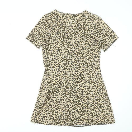 Boohoo Women Beige Animal Print Button Front Mini Dress UK 6