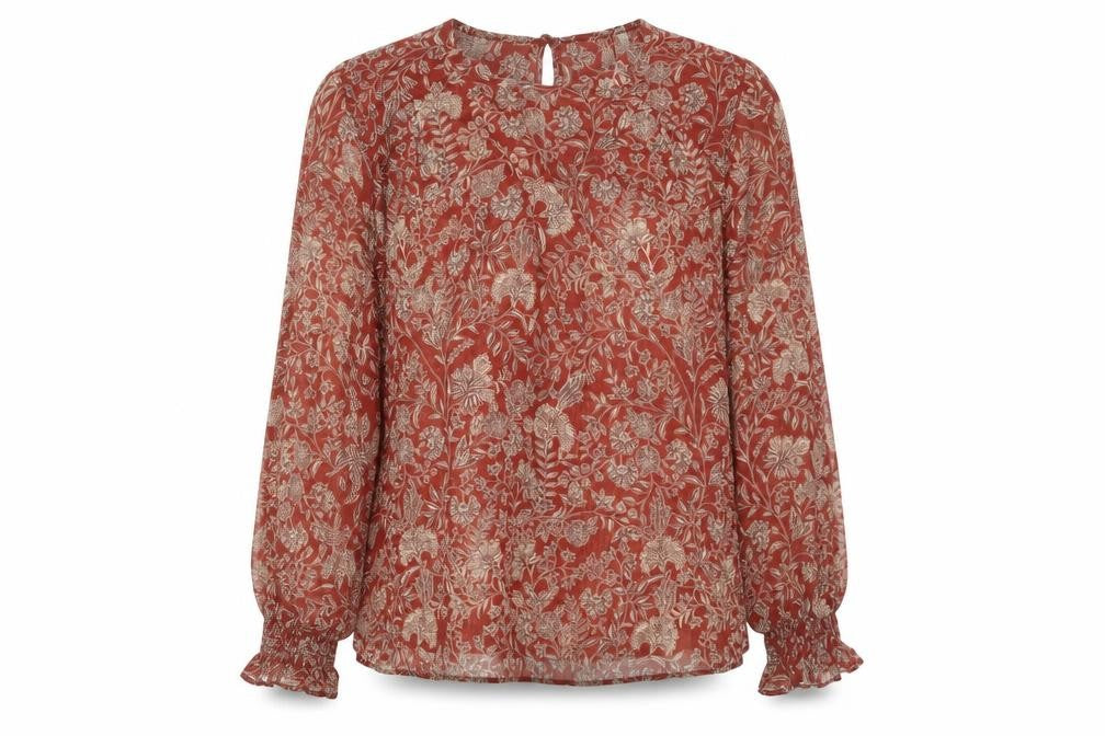 Front view of Sonder Studio women’s red floral long sleeve tunic blouse uk12