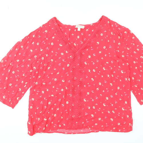 Monsoon Women Red Floral Crochet Tunic Blouse L 3/4 Sleeve Viscose