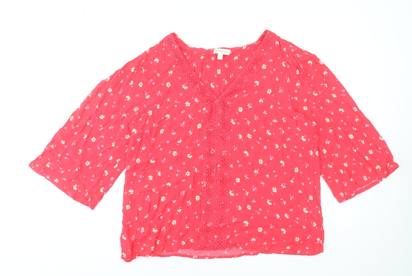 Monsoon Women Red Floral Crochet Tunic Blouse L 3/4 Sleeve Viscose