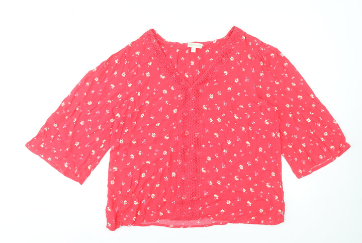 Monsoon Women Red Floral Crochet Tunic Blouse L 3/4 Sleeve Viscose