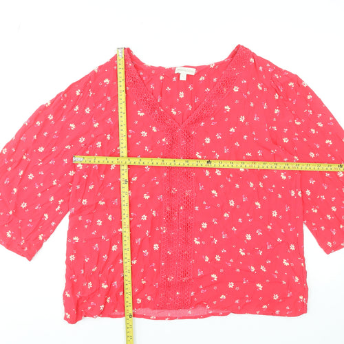 Monsoon Women Red Floral Crochet Tunic Blouse L 3/4 Sleeve Viscose