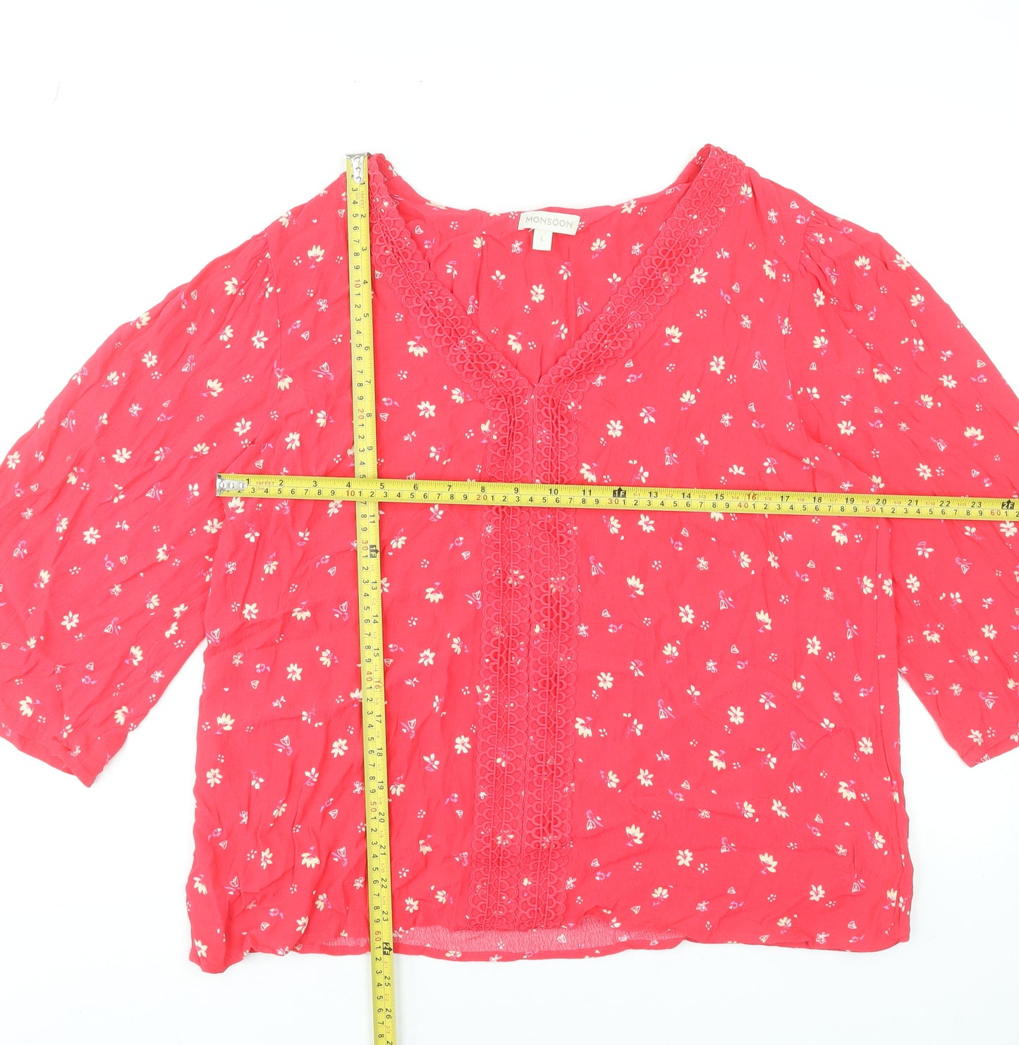 Monsoon Women Red Floral Crochet Tunic Blouse L 3/4 Sleeve Viscose