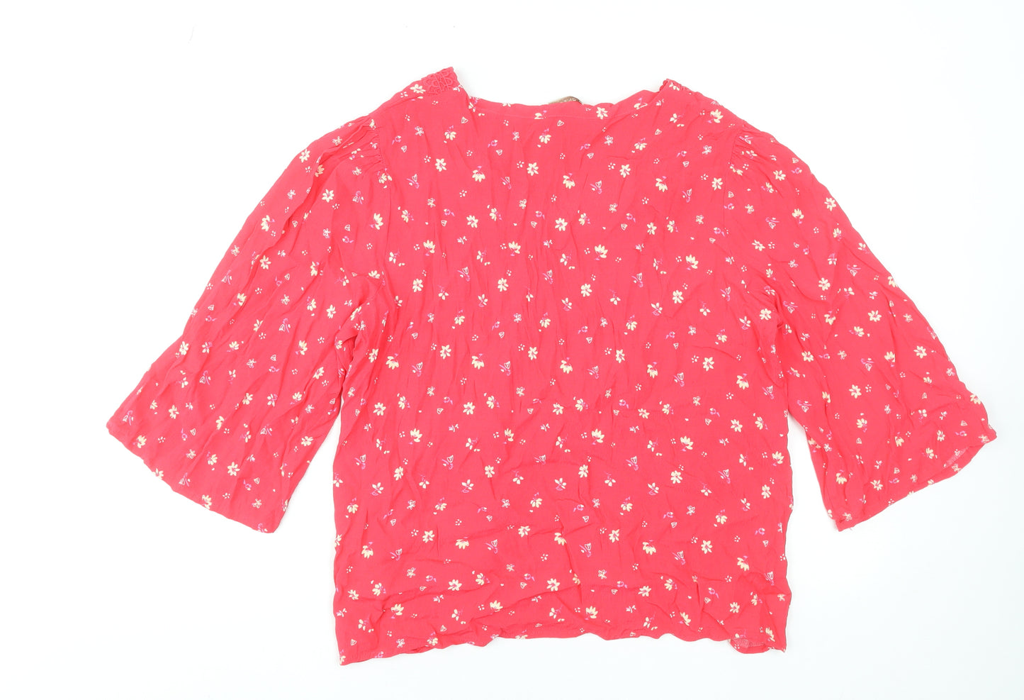 Monsoon Women Red Floral Crochet Tunic Blouse L 3/4 Sleeve Viscose