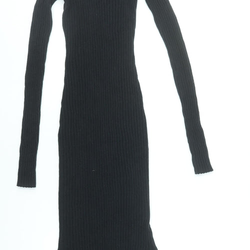 H&M Women Black XS Ribbed Knit Bodycon Midi Dress Long Sleeve L.O.G.G.