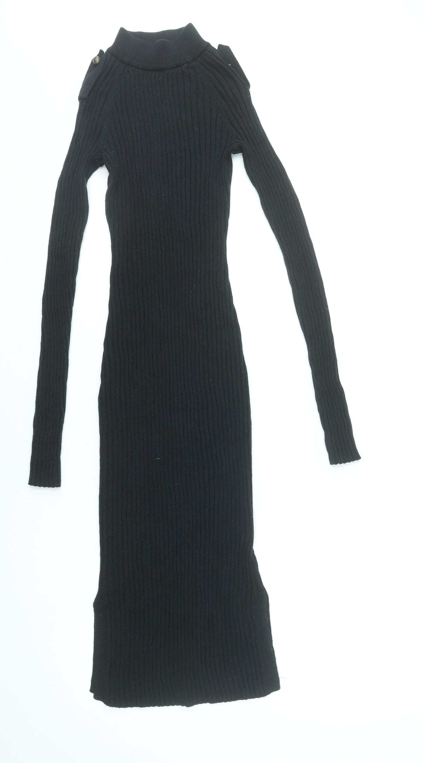 H&M Women Black XS Ribbed Knit Bodycon Midi Dress Long Sleeve L.O.G.G.